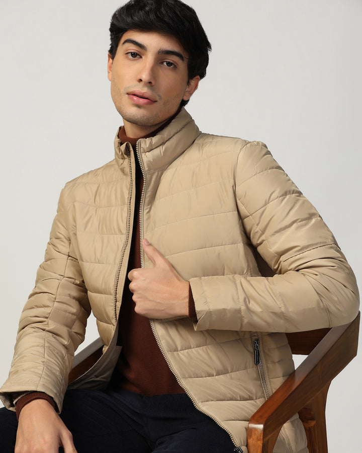 Formal Beige Solid Zipper Jacket - Caproni