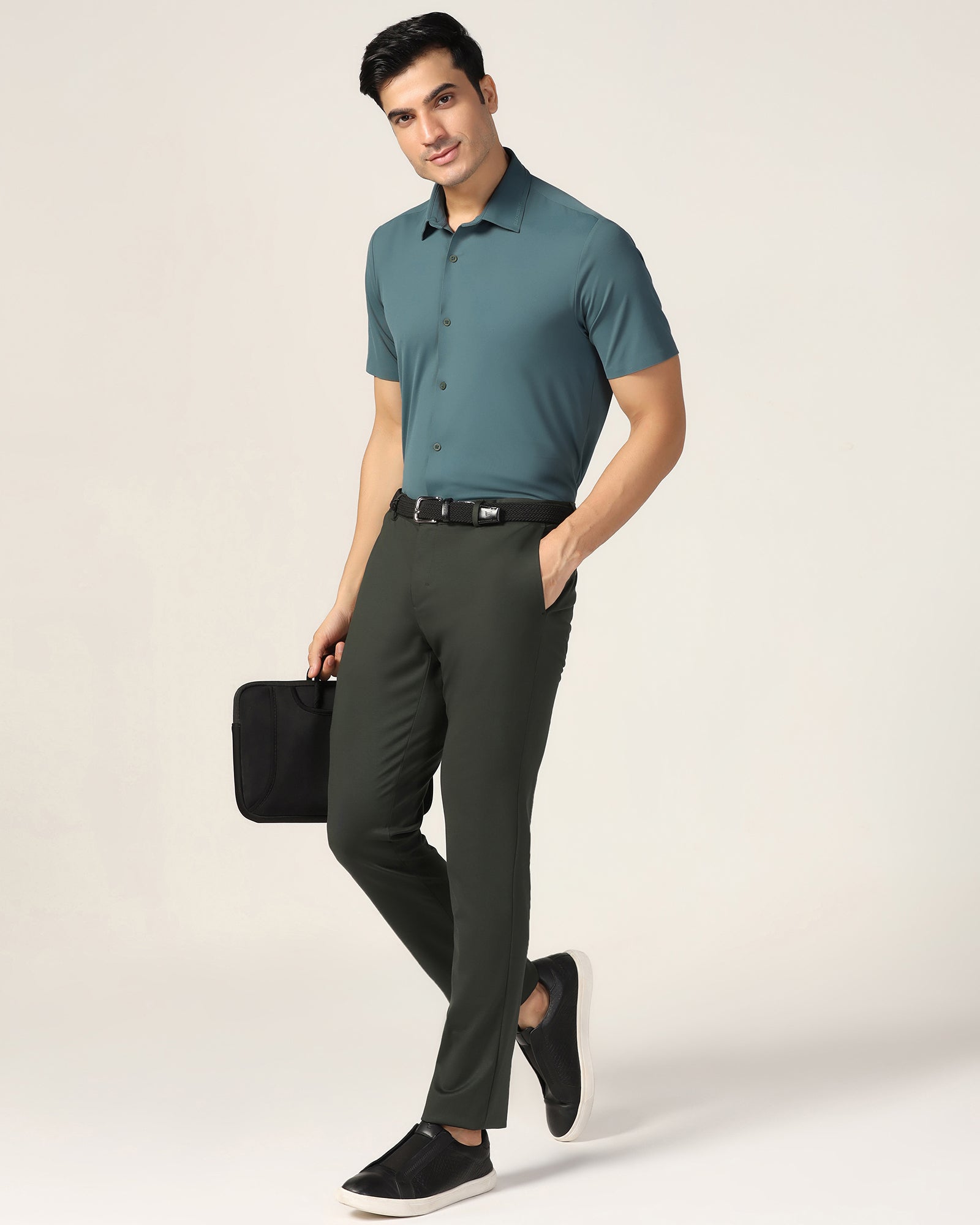 TechPro Formal Half Sleeve Bottle Green Solid Shirt - Alfie