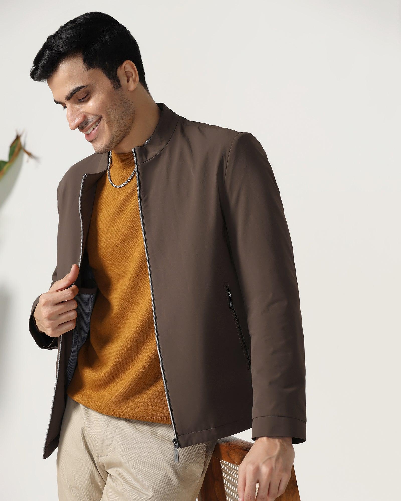 Formal Chocolate Brown Solid Zipper Jackets Orion