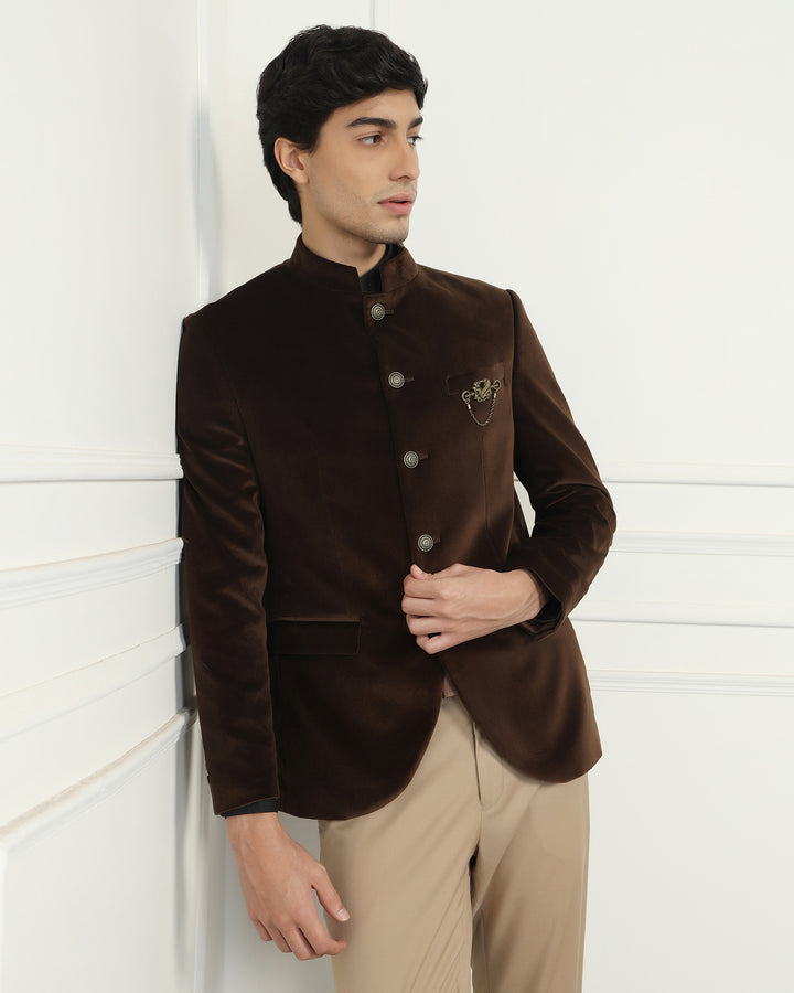 Bandhgala Formal Tobacco Brown Solid Blazer - Triber