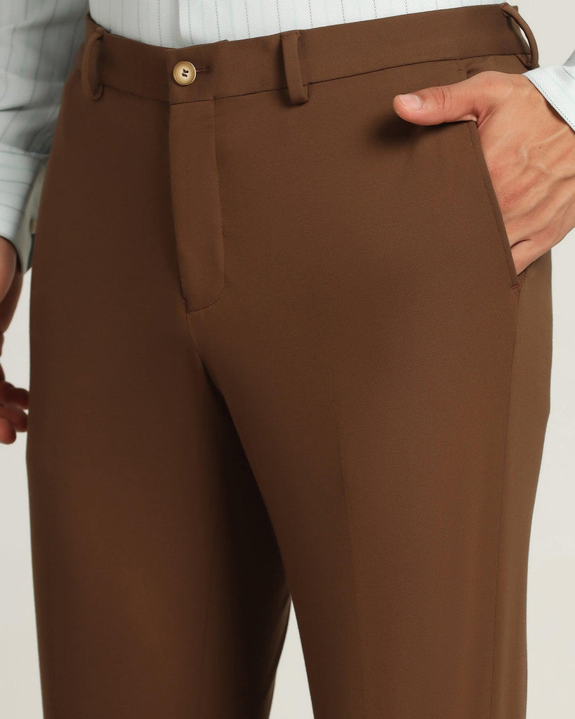 Slim Fit B-91 Formal Brown Solid Trouser - Yoke