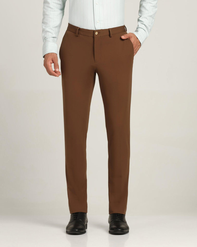 Slim Fit B-91 Formal Brown Solid Trouser - Yoke