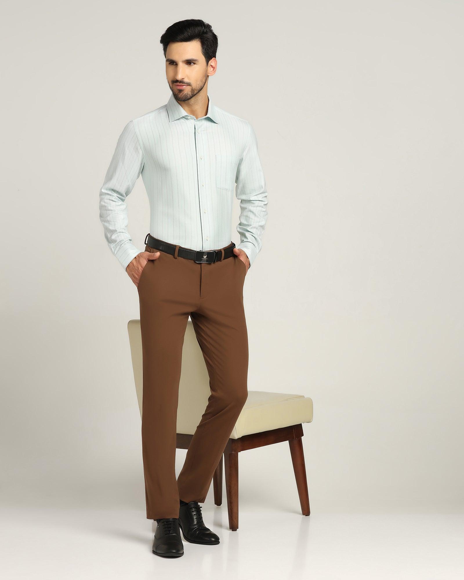 Slim Fit B-91 Formal Brown Solid Trouser - Yoke