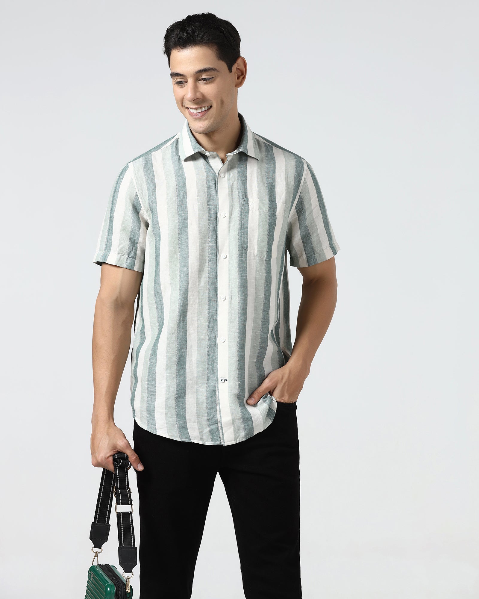 Green Half Sleeve Linen Stripe Shirt - Vintar
