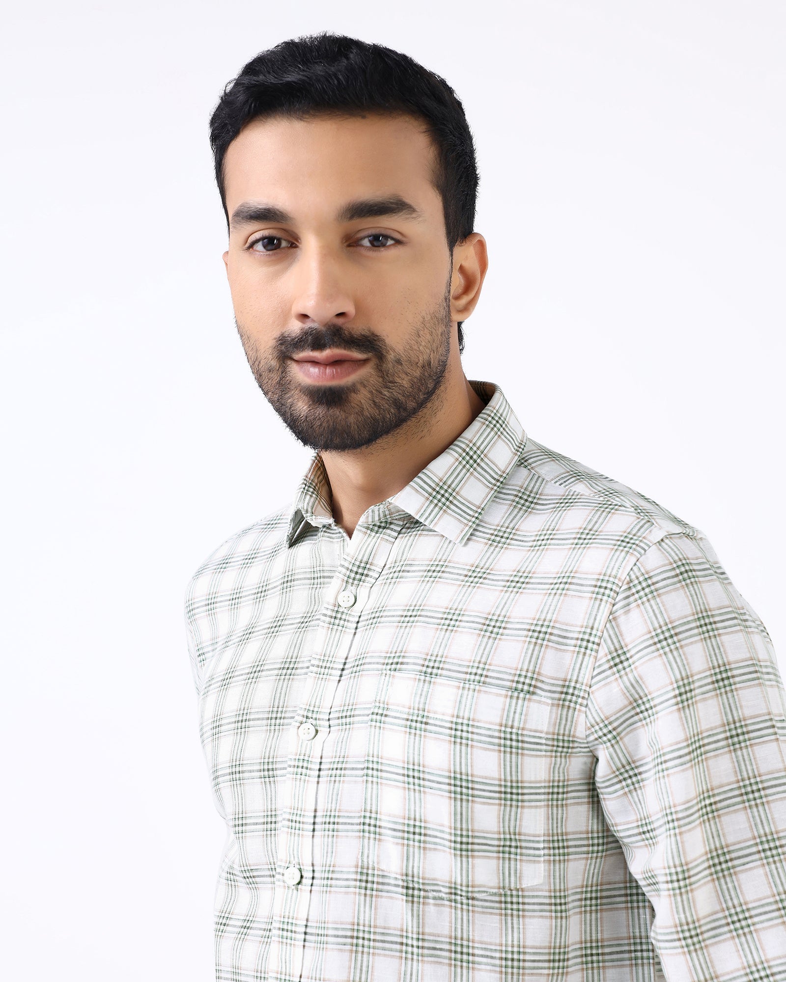 Green Linen Check Shirt - Dravo