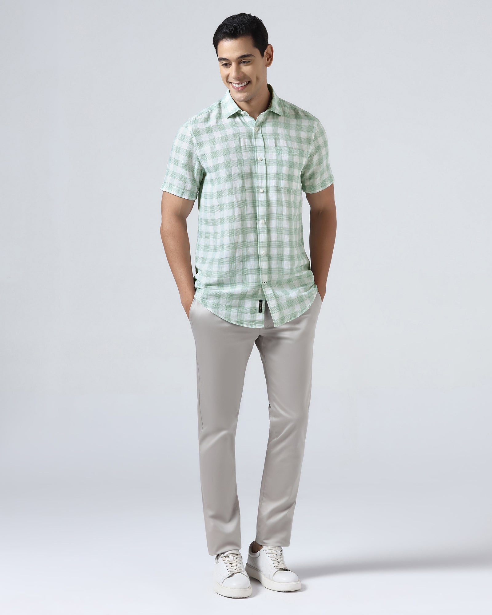 Green Half Sleeve Linen Check Shirt - Yudi