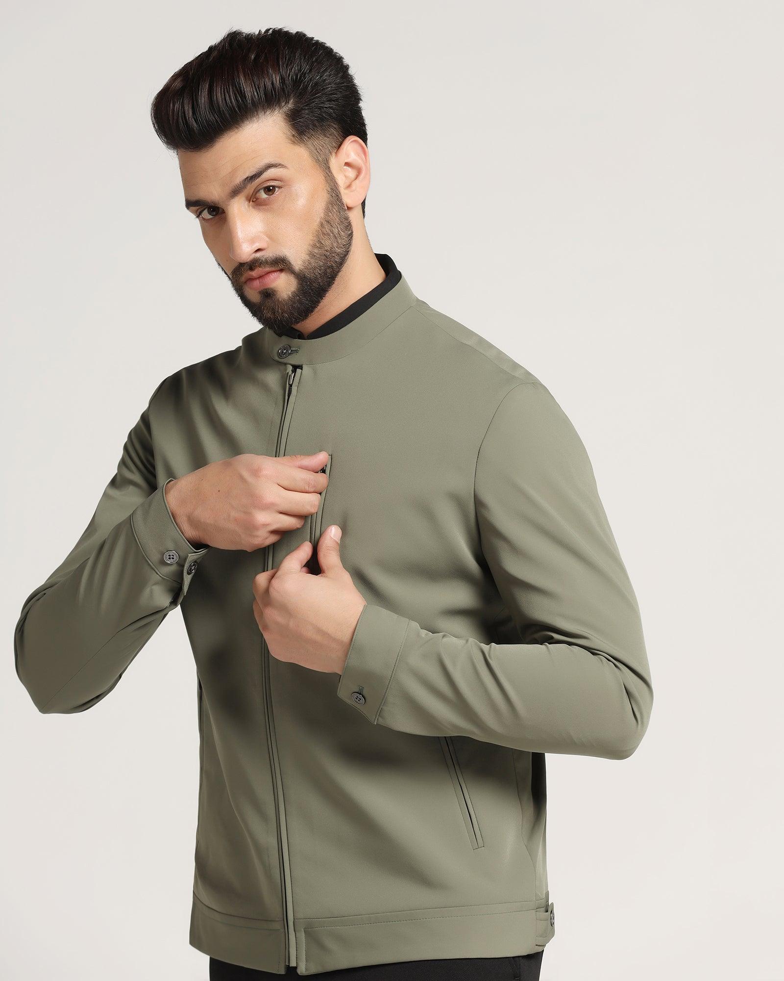 Green Solid Zipper Jacket Arno