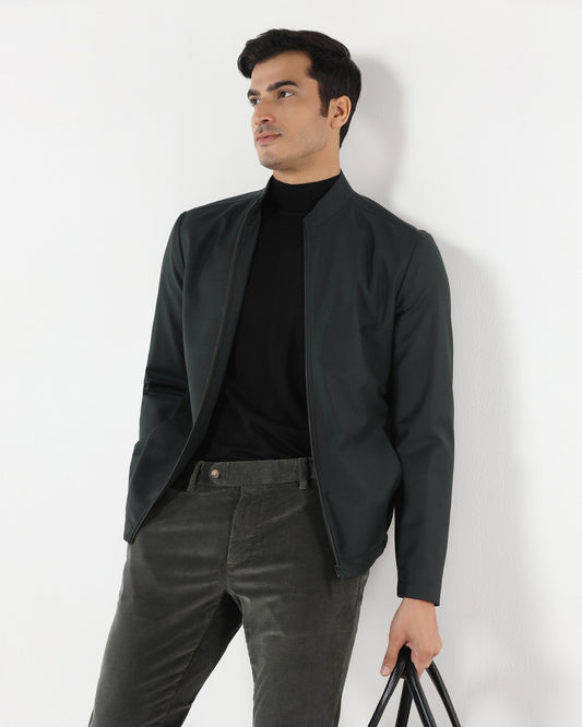 Green Solid Zipper Jacket - Zeno