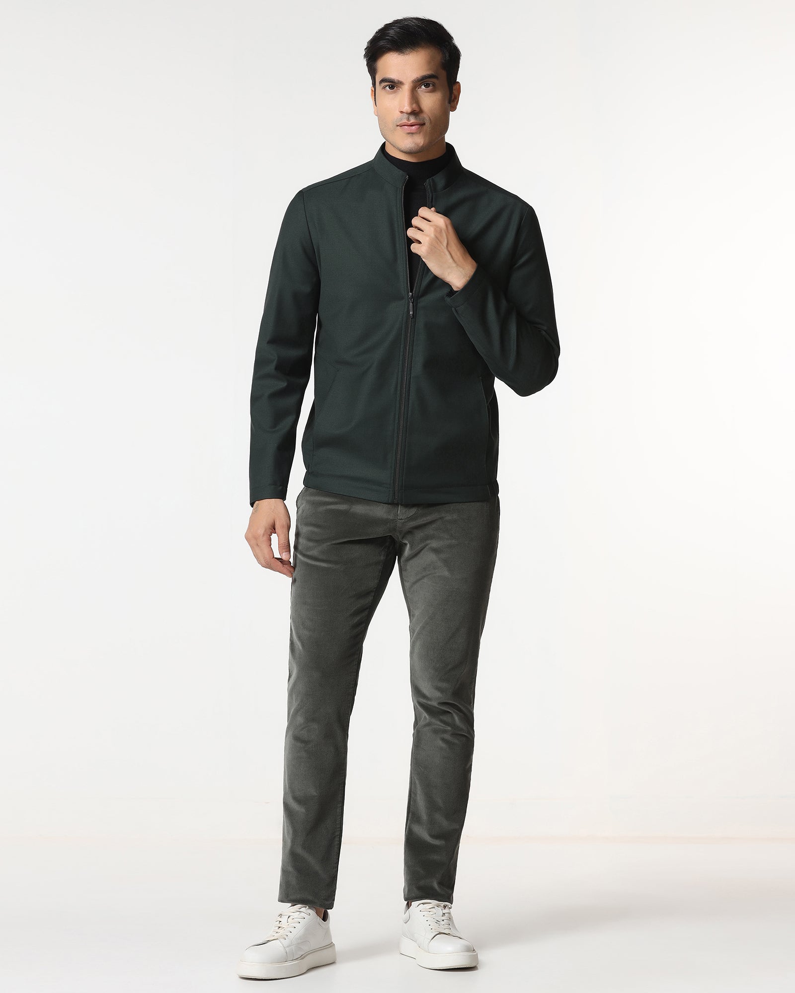 Green Solid Zipper Jacket - Zeno