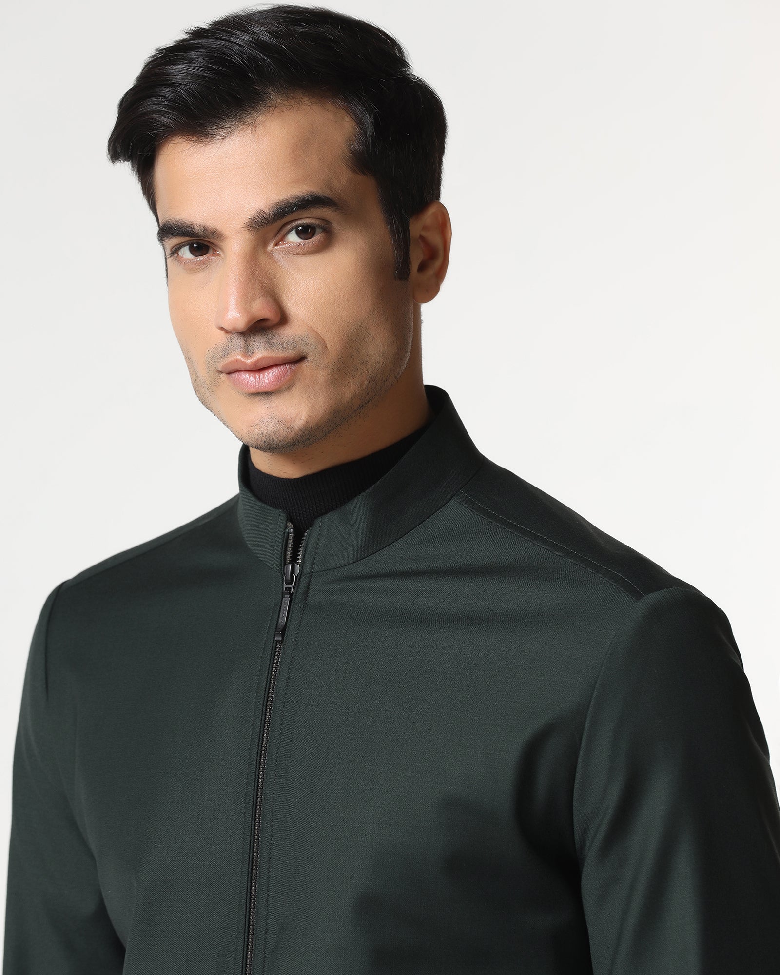 Green Solid Zipper Jacket - Zeno