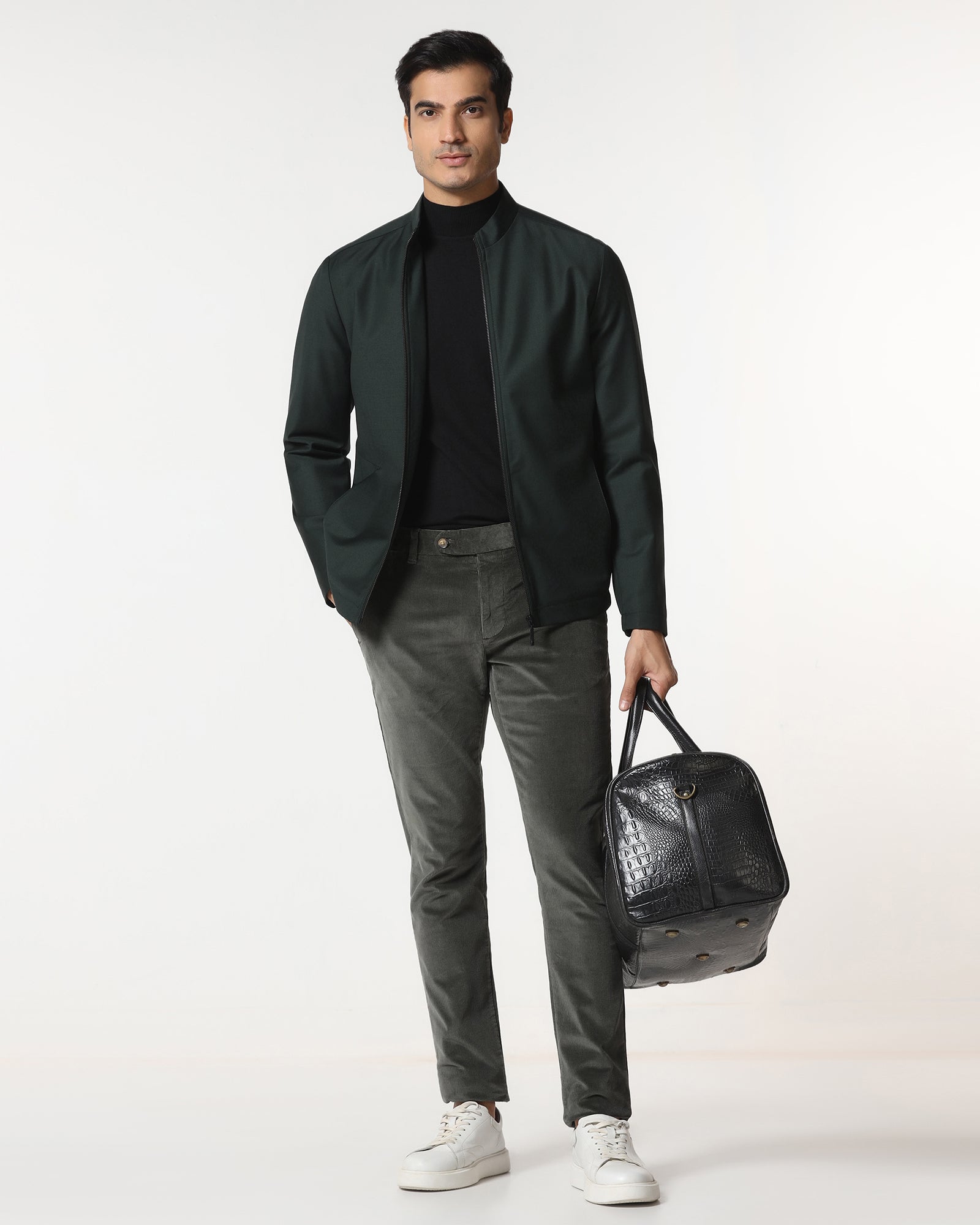 Green Solid Zipper Jacket - Zeno