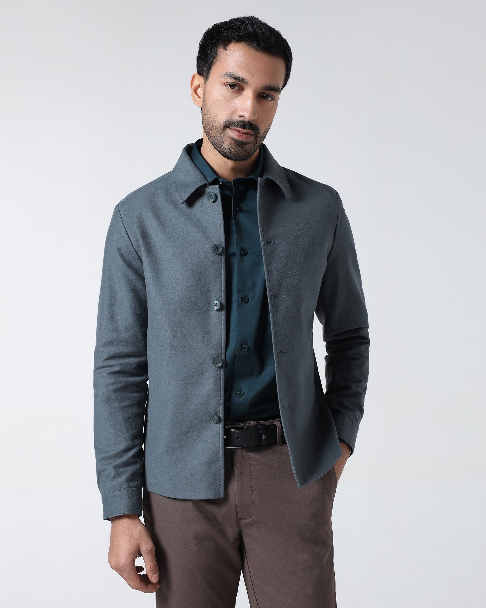 Grey Solid Trucker Jacket - Leaon