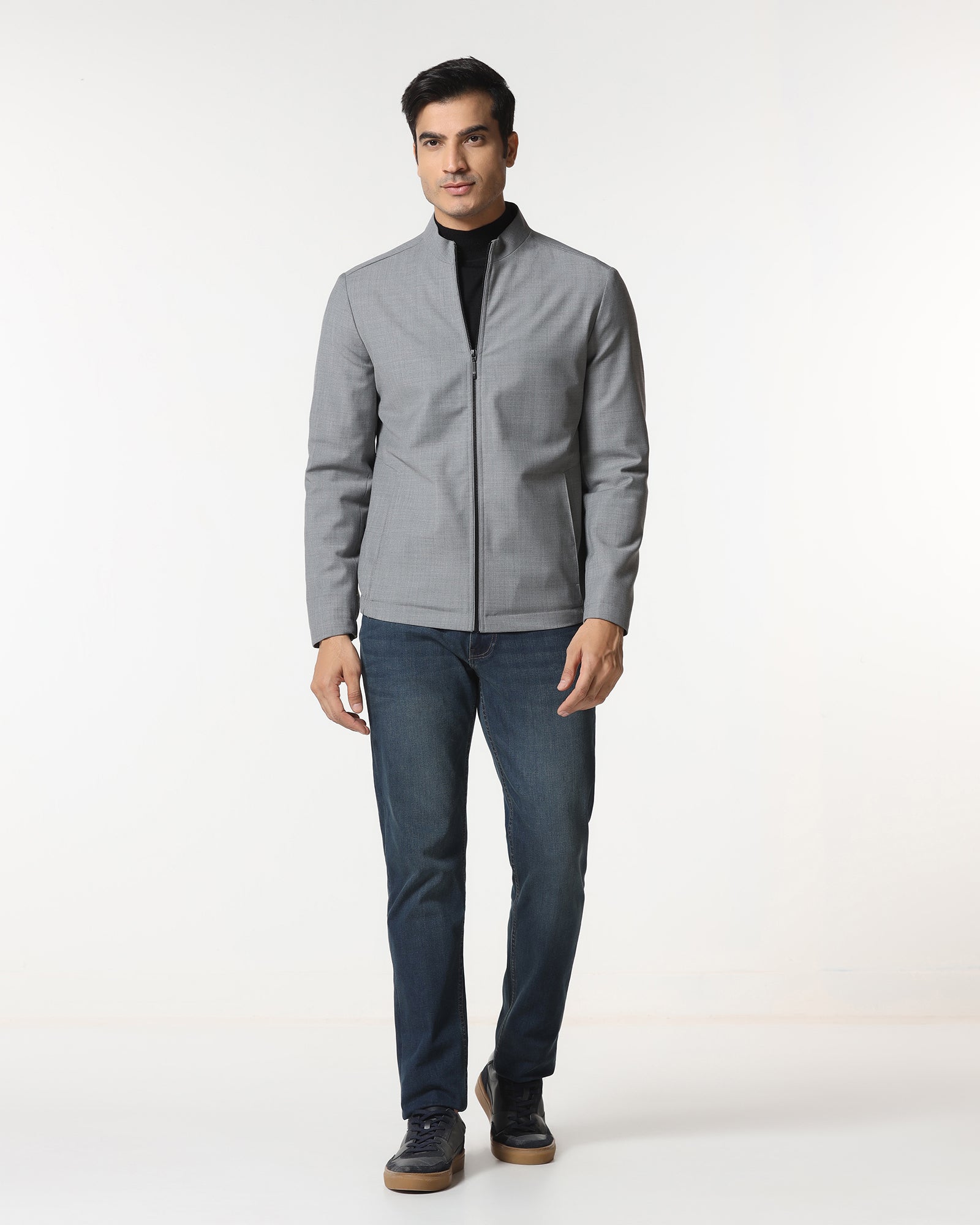 Grey Solid Zipper Jacket - Zeno
