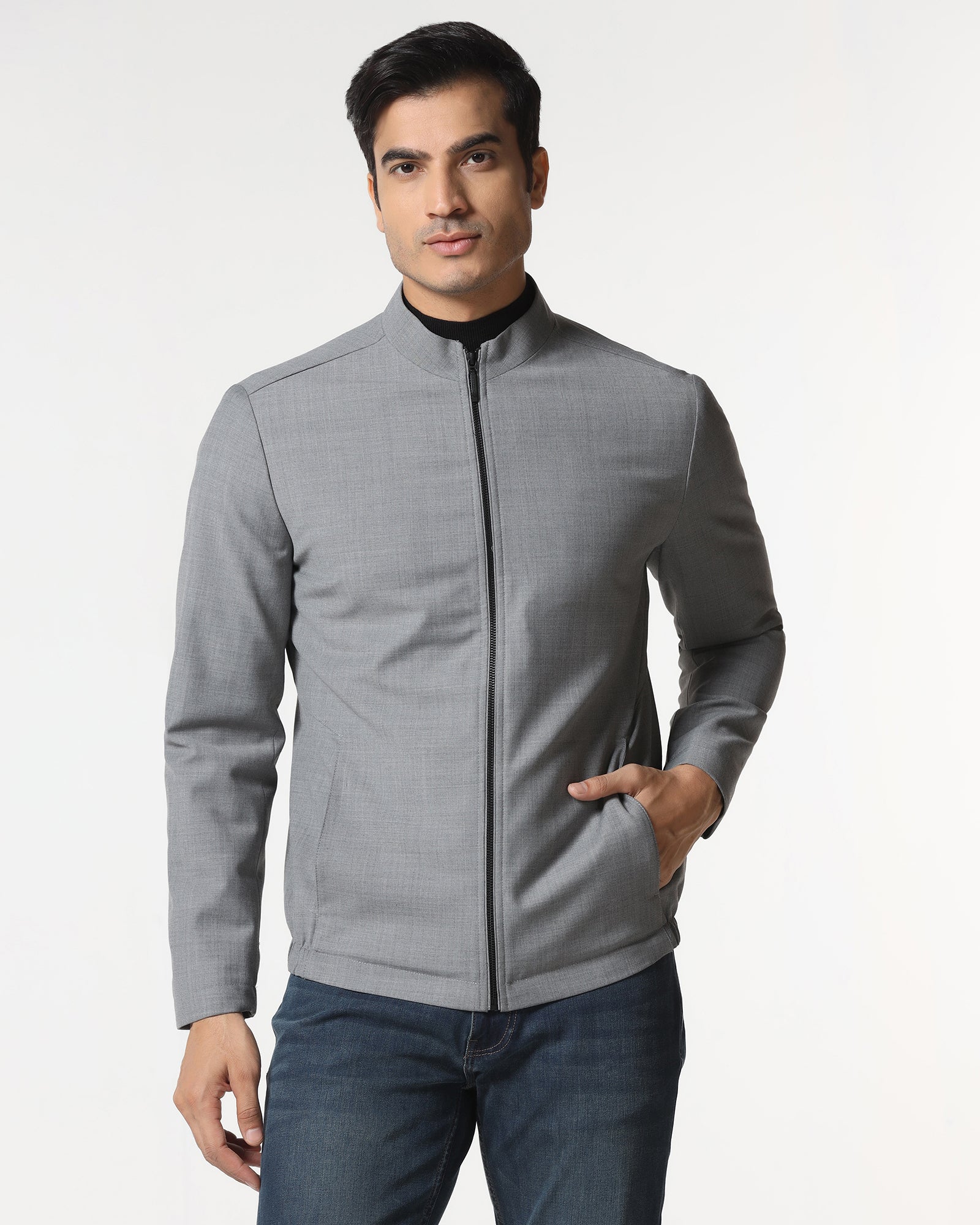 Grey Solid Zipper Jacket - Zeno