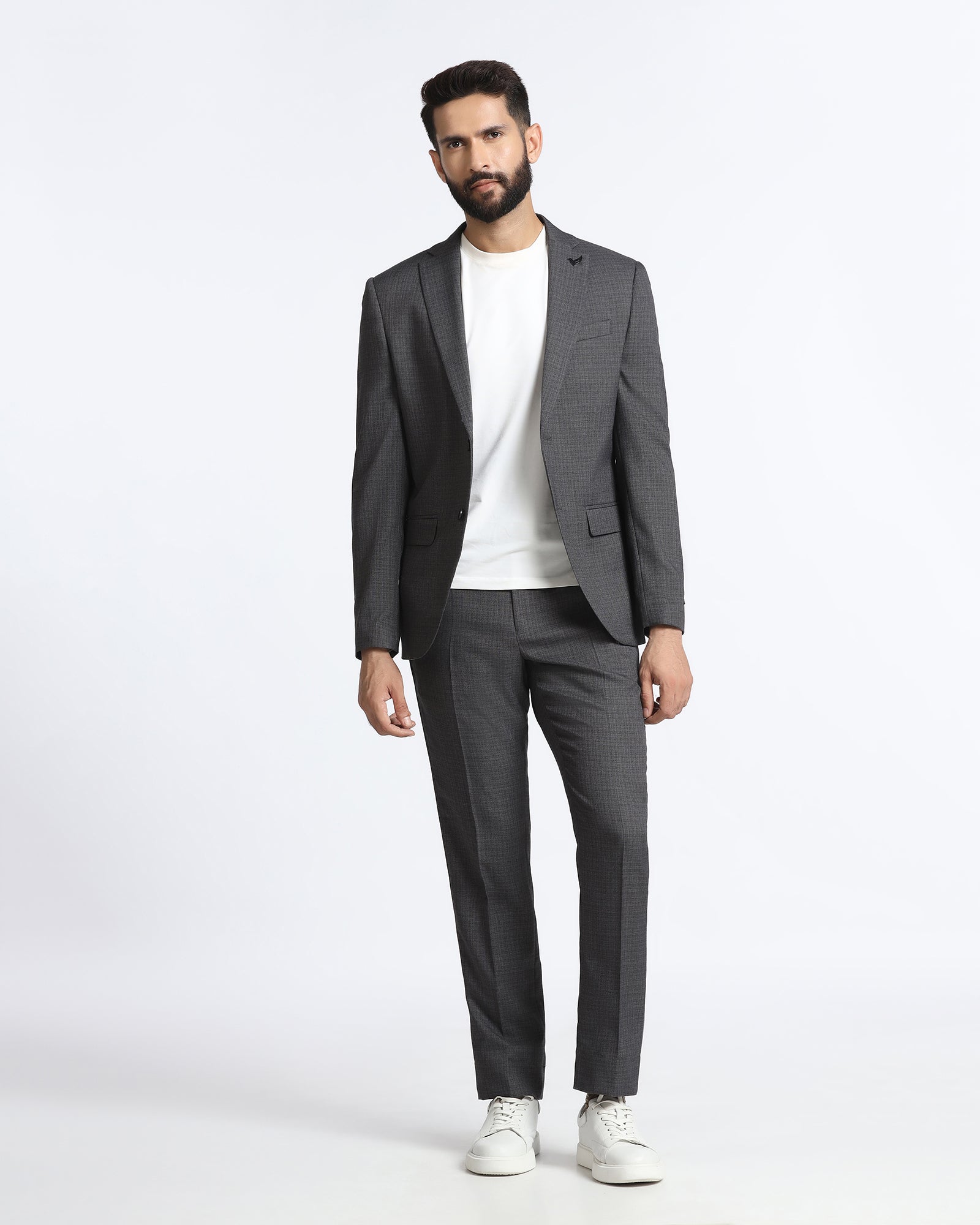 Buy Grey Three Piece Textured Suit From Zyme Collection
