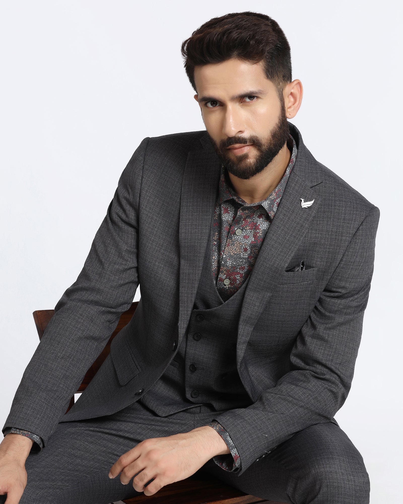 Buy Grey Three Piece Textured Suit From Zyme Collection