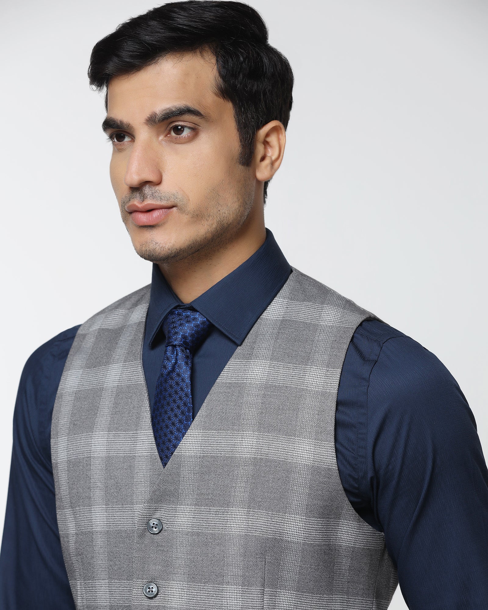 Grey V-Neck Check Waistcoat - Cabbot