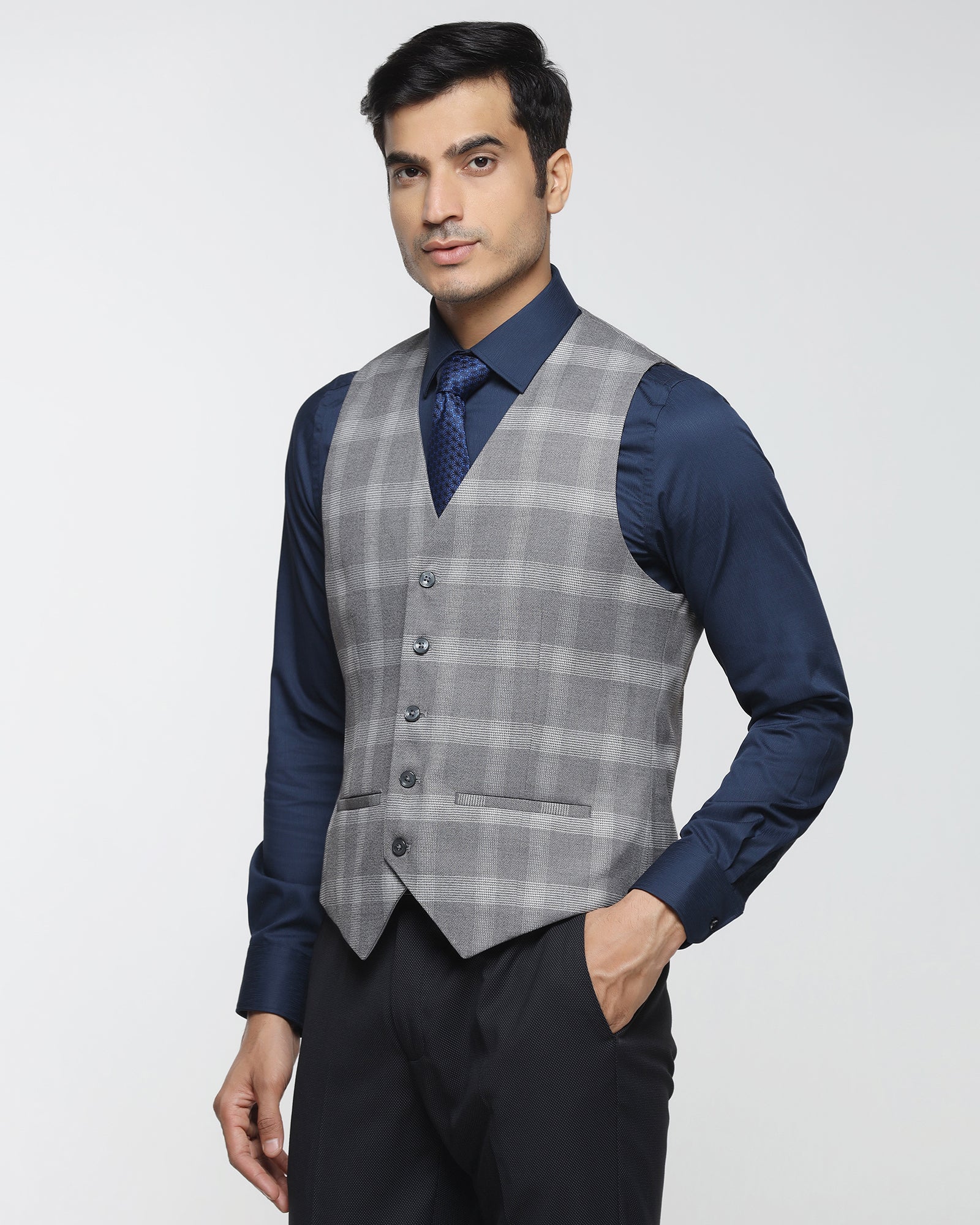 Grey V-Neck Check Waistcoat - Cabbot