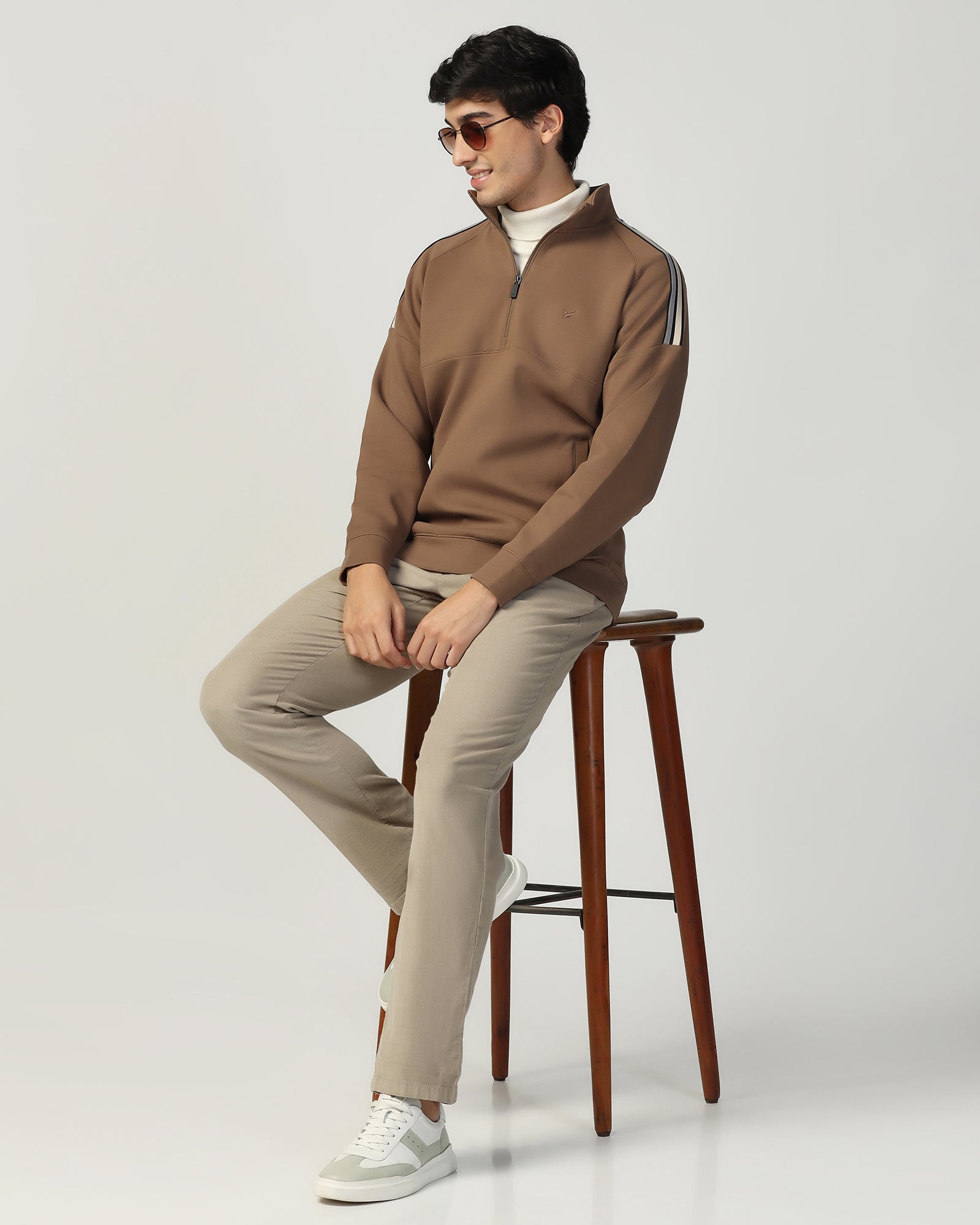 Buy Half Zipper Brown & Tan Solid Sweatshirt Online