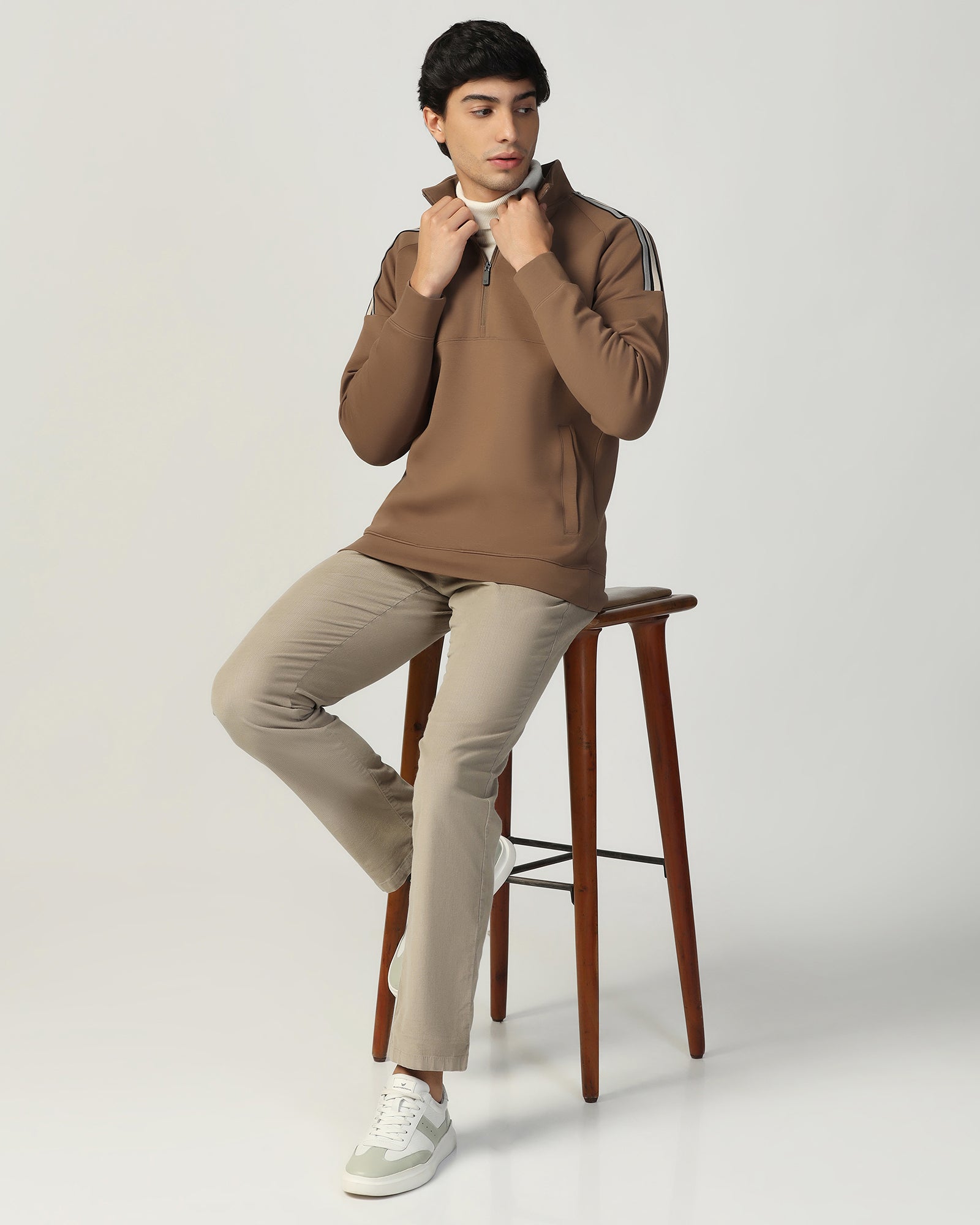 Buy Half Zipper Brown & Tan Solid Sweatshirt Online