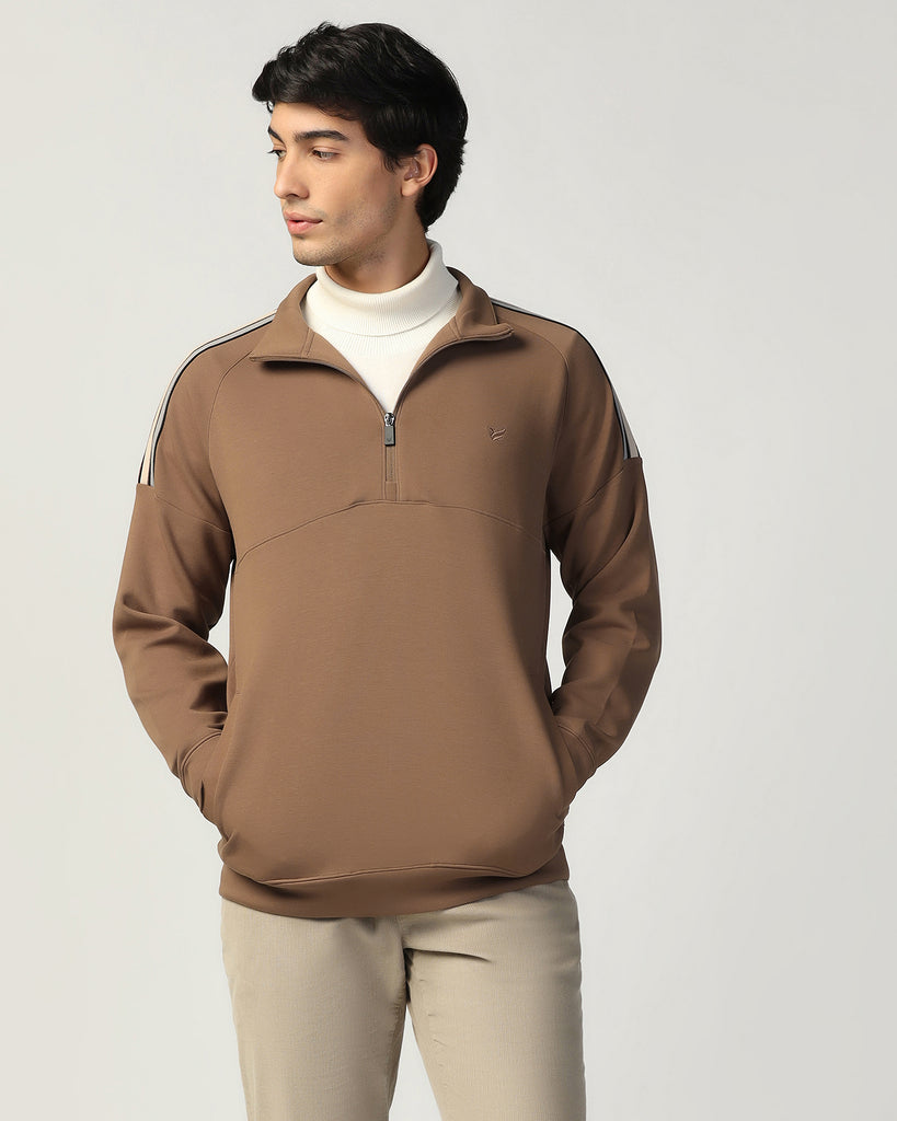 Half Zipper Brown & Tan Solid Sweatshirt - Eno