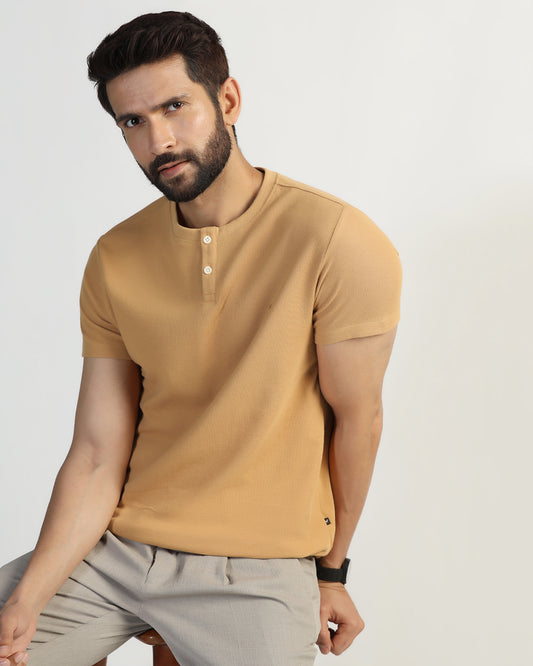 Henley Collar Tan Textured T-Shirt - Clark