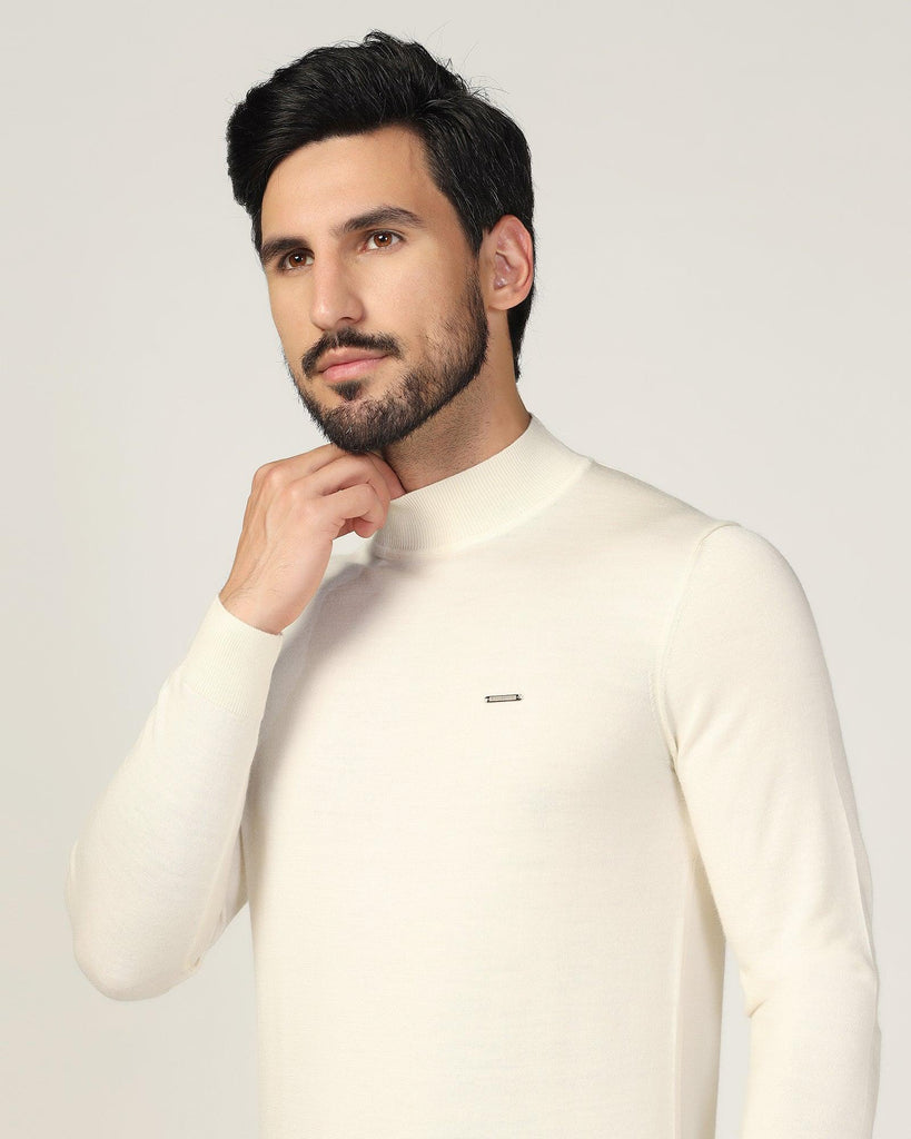 High Neck Off White Solid Sweater - Jester