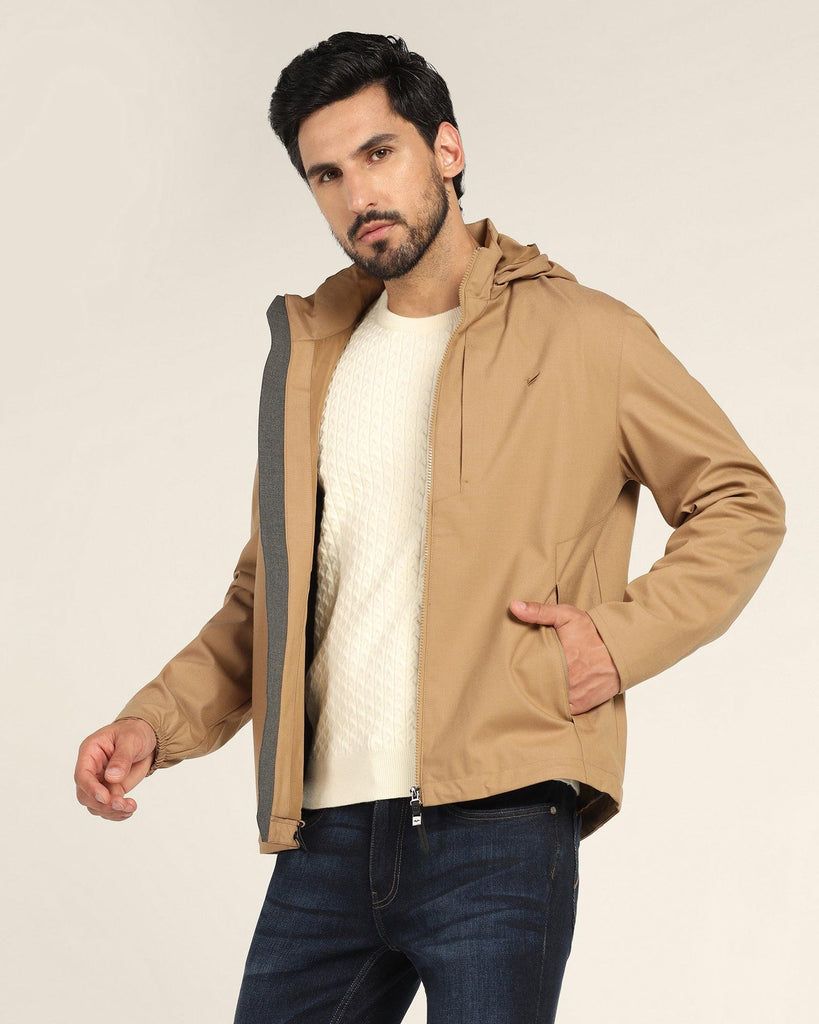 Hoodie Beige Solid Zipper Jacket - Liam