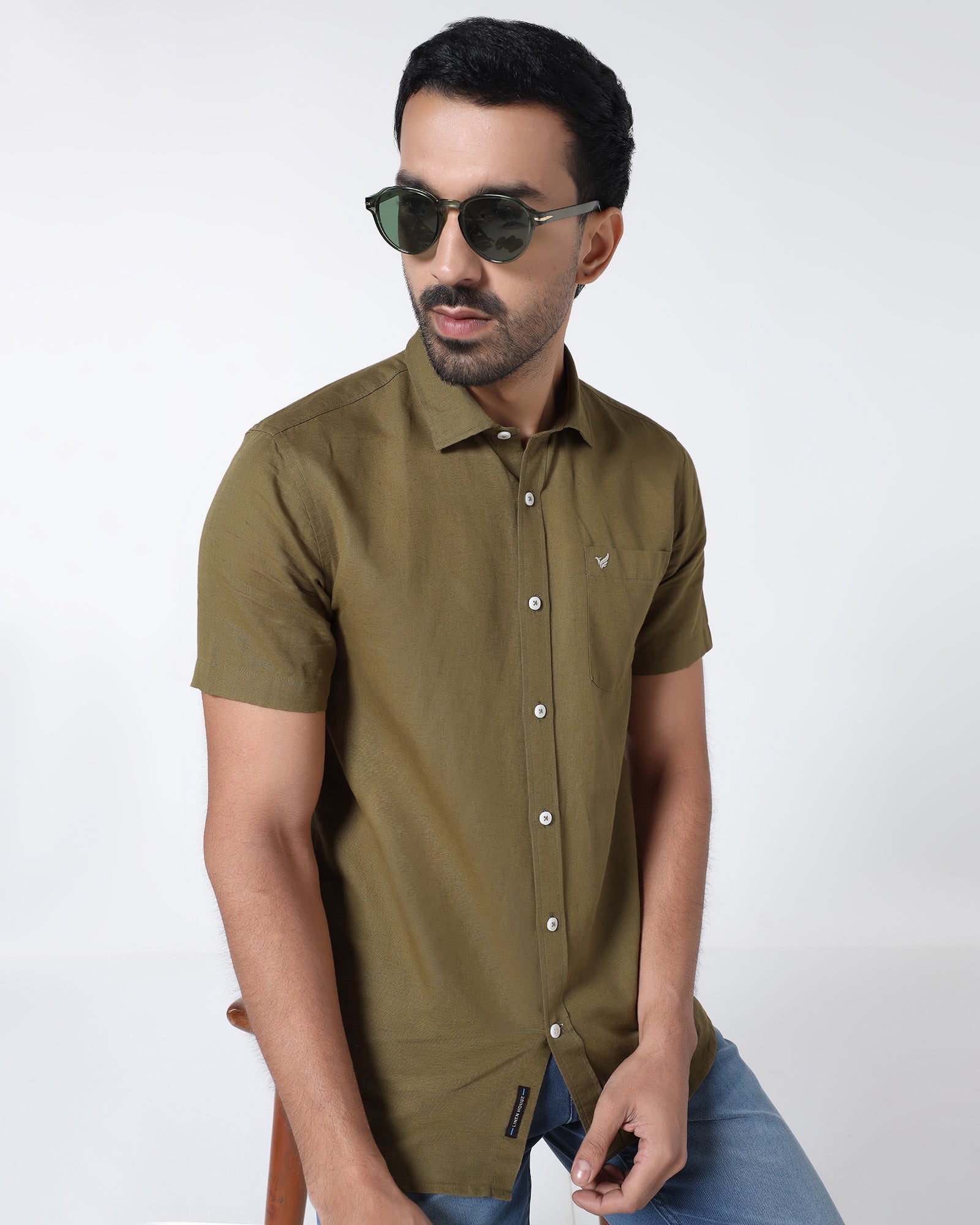 Khaki Half Sleeve Linen Solid Shirt - Cleo