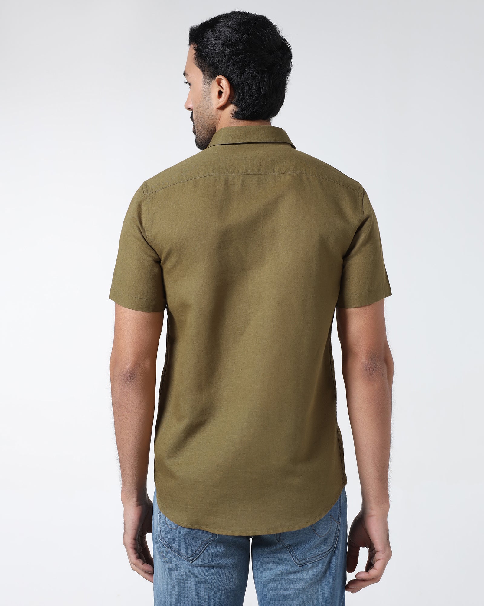 Khaki Half Sleeve Linen Solid Shirt - Cleo