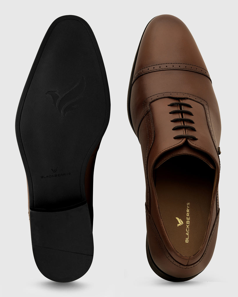 Leather Tan Solid Oxford Shoes - Venus