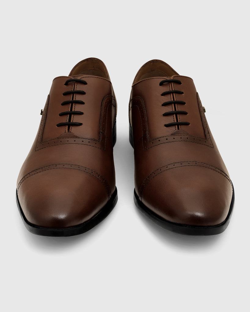 Leather Tan Solid Oxford Shoes - Venus