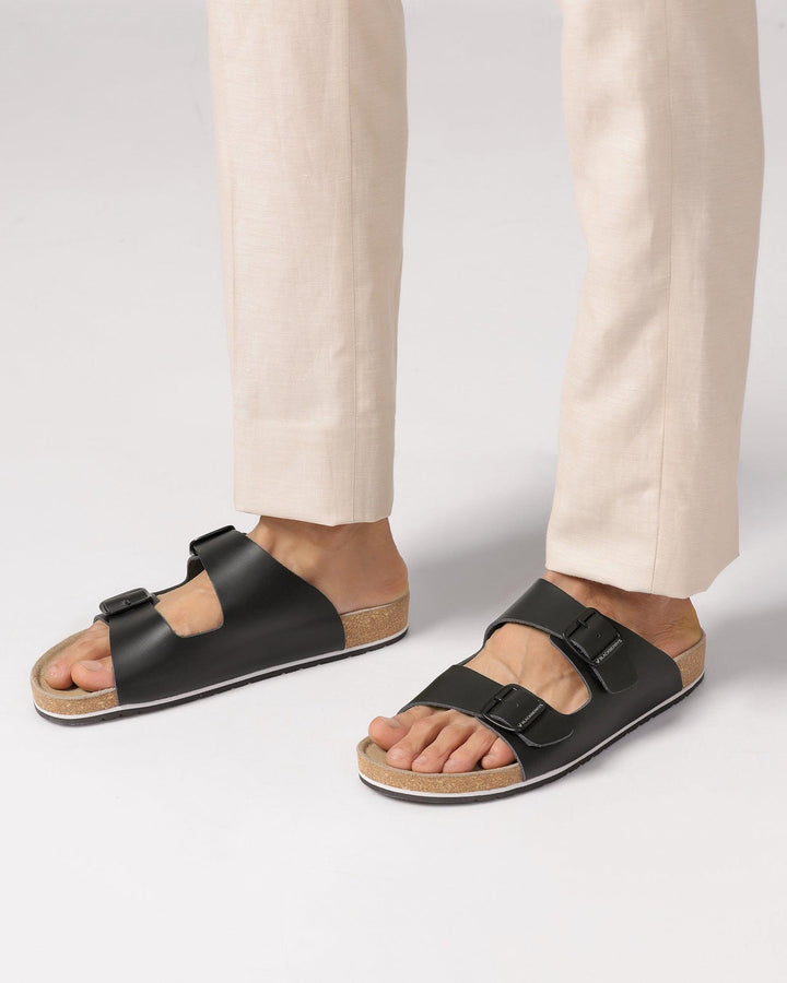 Leather Black Solid Sandals - Shon