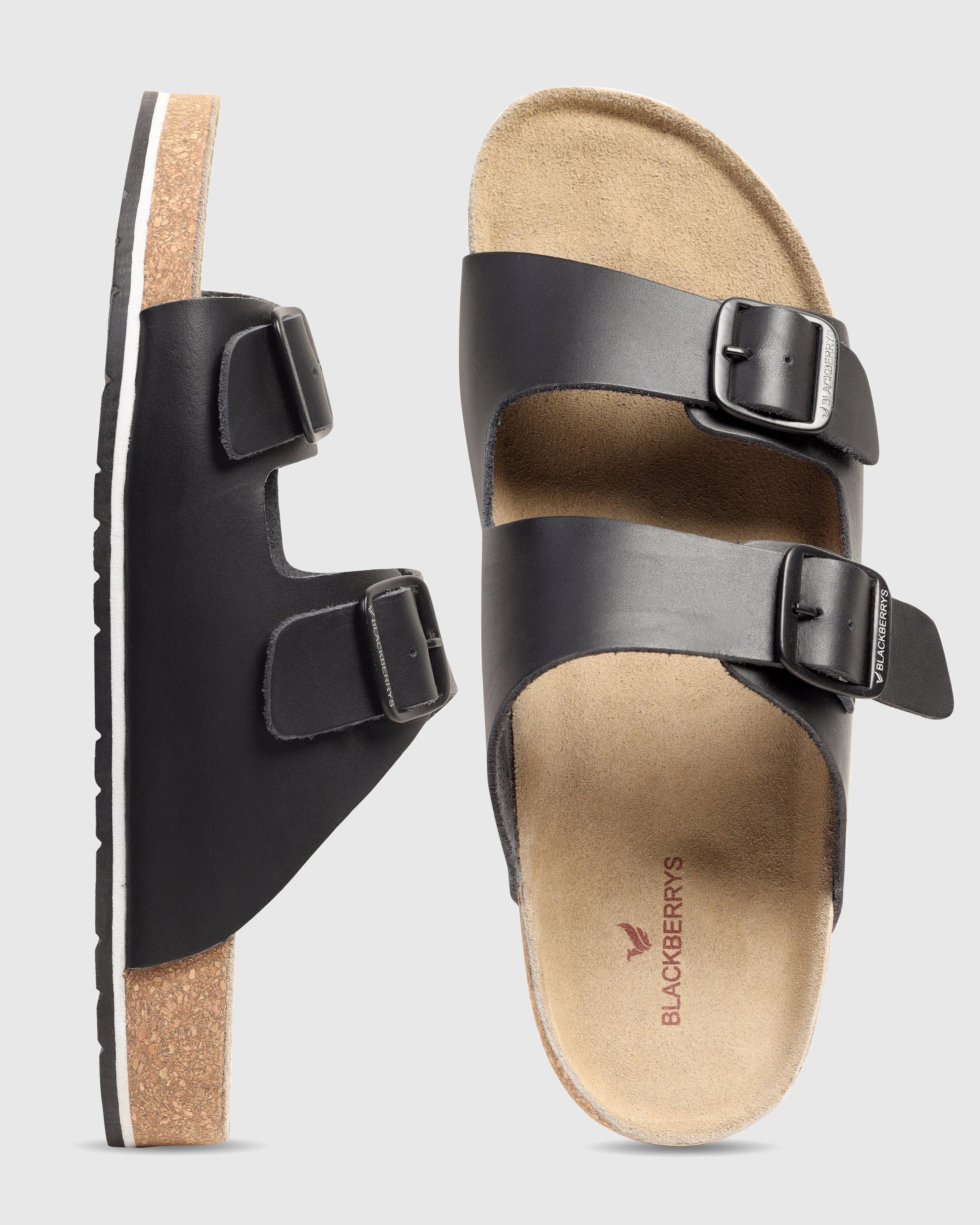 Leather Black Solid Open Sandals - Shon