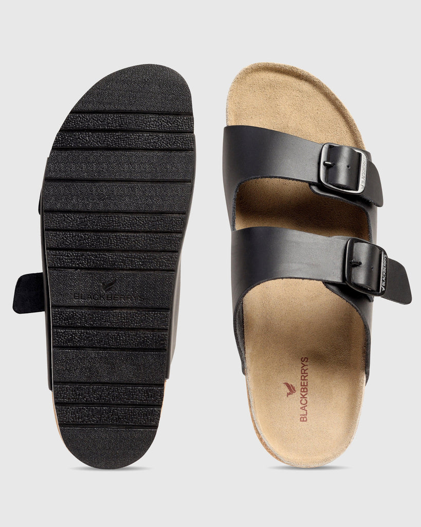 Leather Black Solid Sandals - Shon