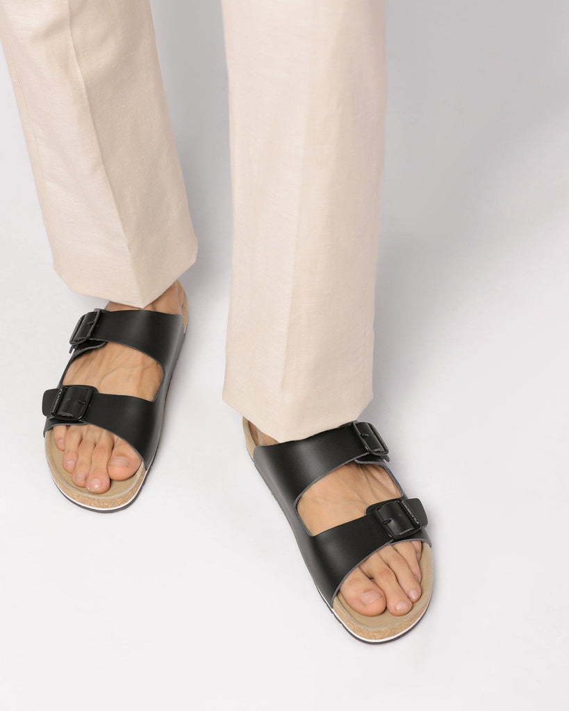 Leather Black Solid Sandals - Shon