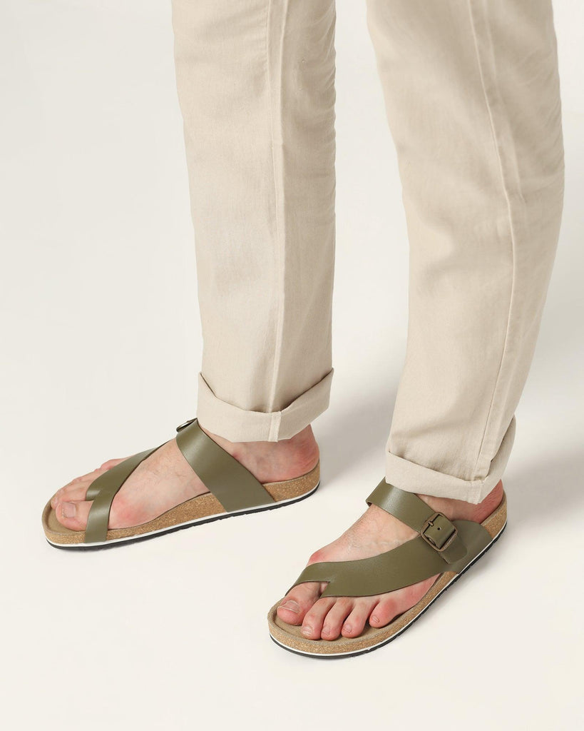 Leather Bottle Green Solid Sandals - Shophie