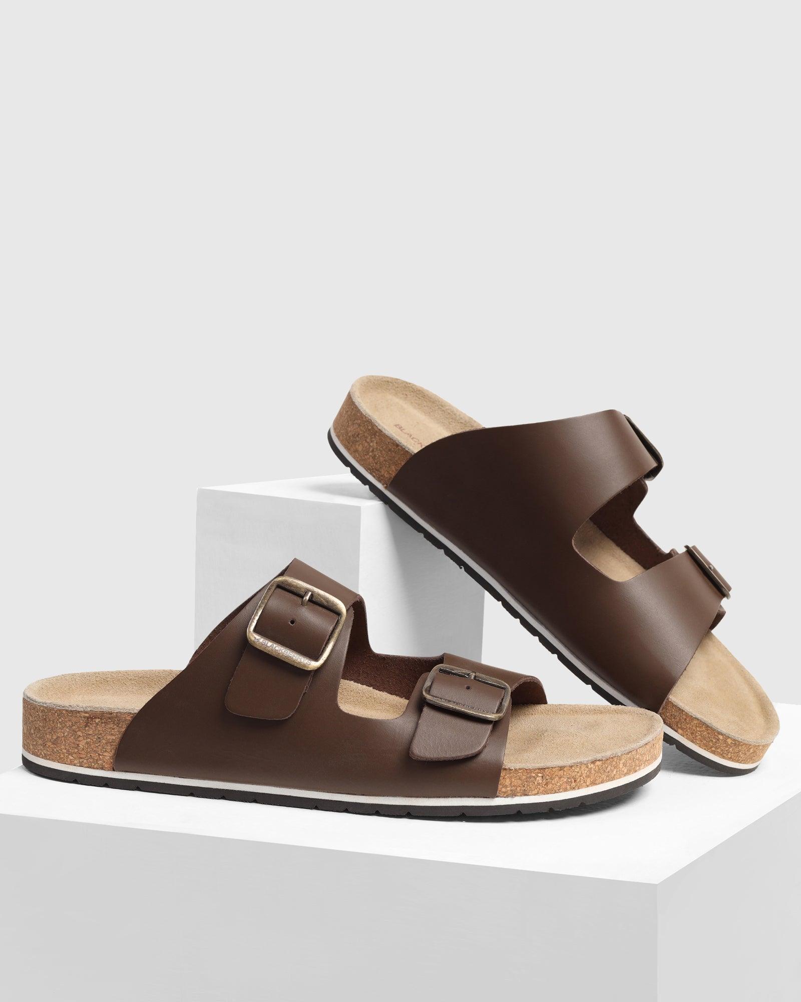Leather Brown Solid Open Sandals - Shon