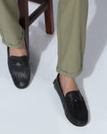 Leather Casual Black Textured Loafers Shoes - Thread