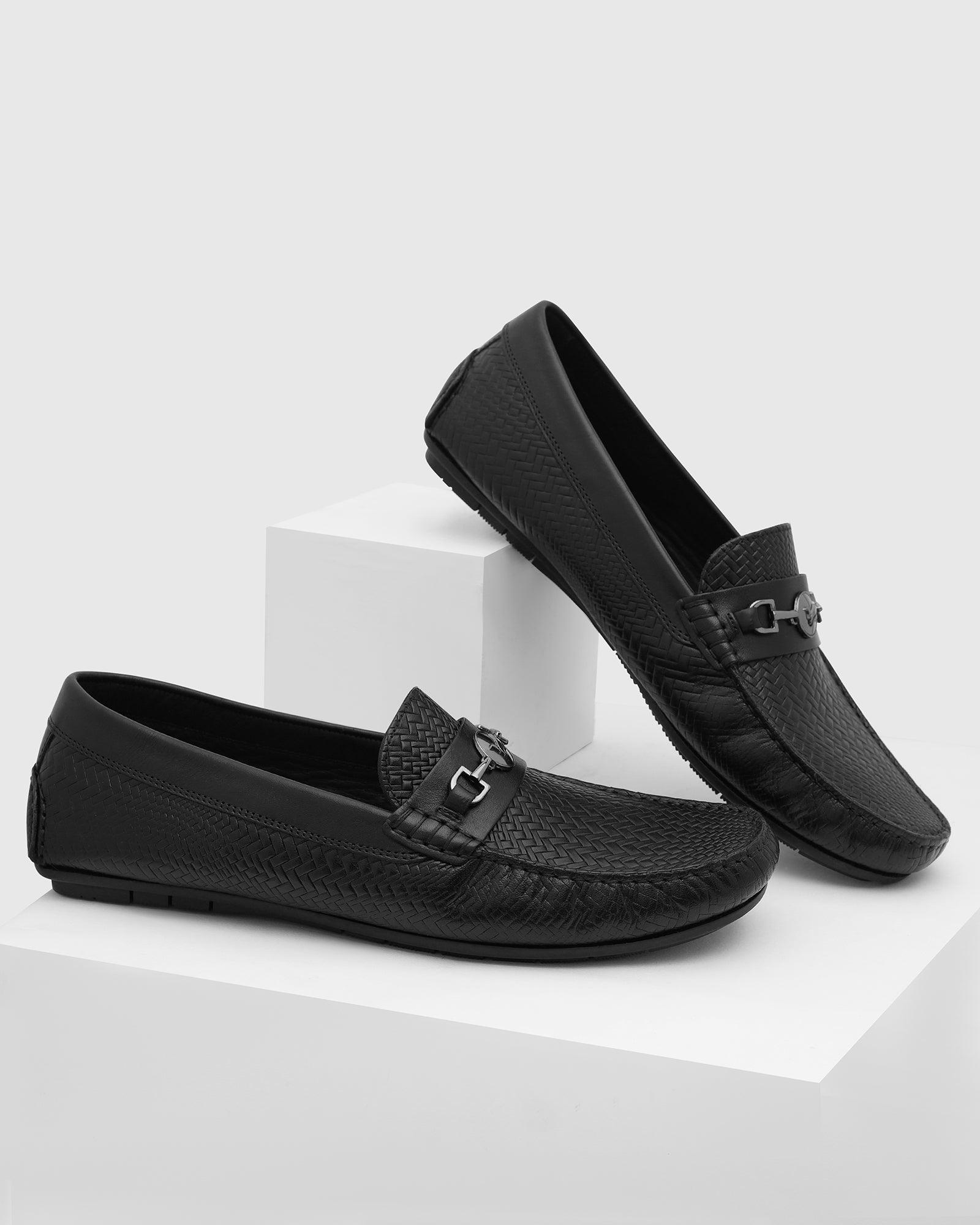 Leather Casual Black Textured Loafers Shoes - Thread
