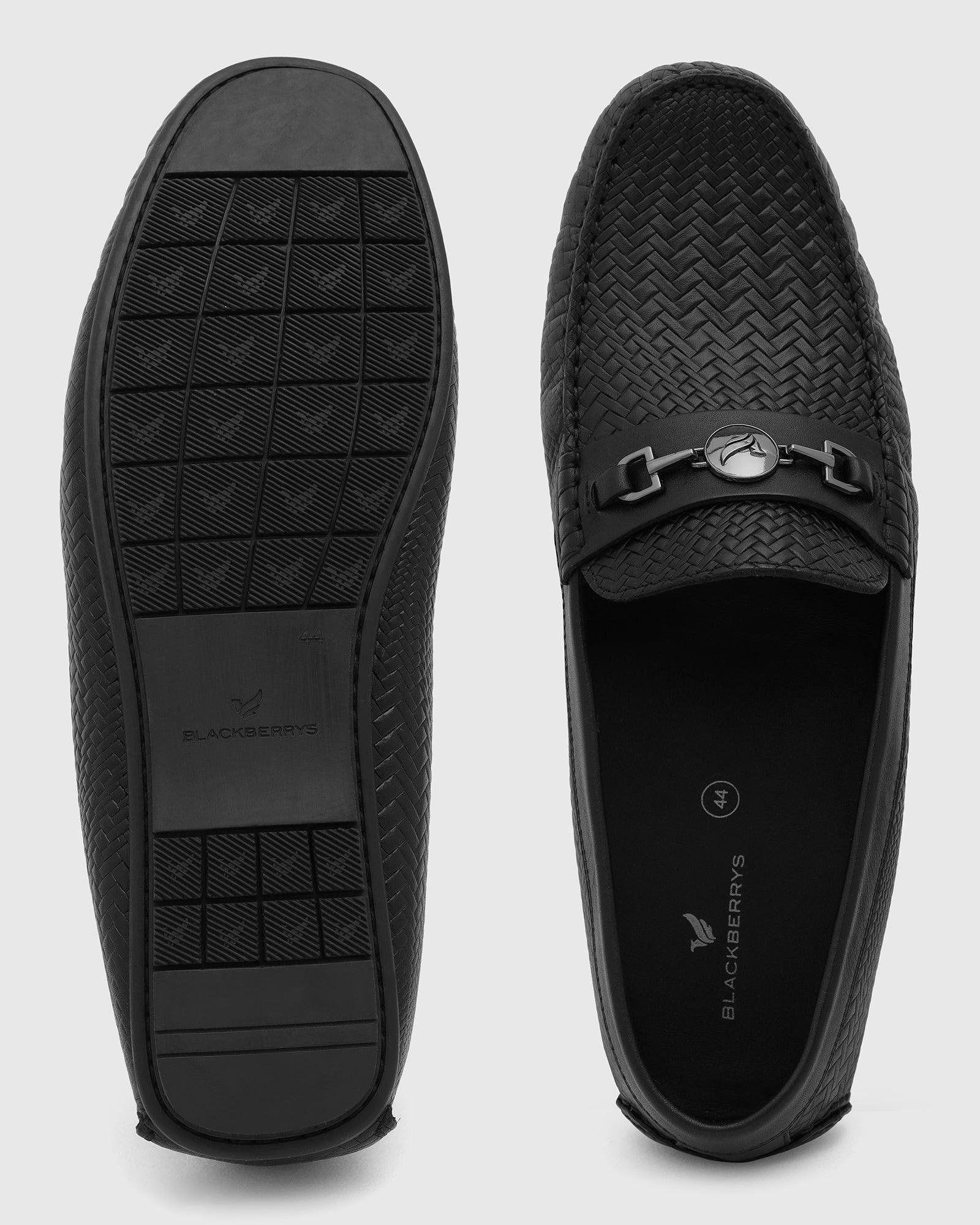 Leather Casual Black Textured Loafers Shoes - Thread