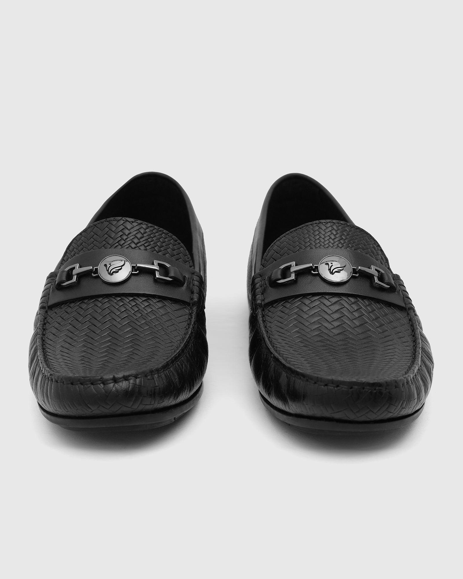 Leather Casual Black Textured Loafers Shoes - Thread