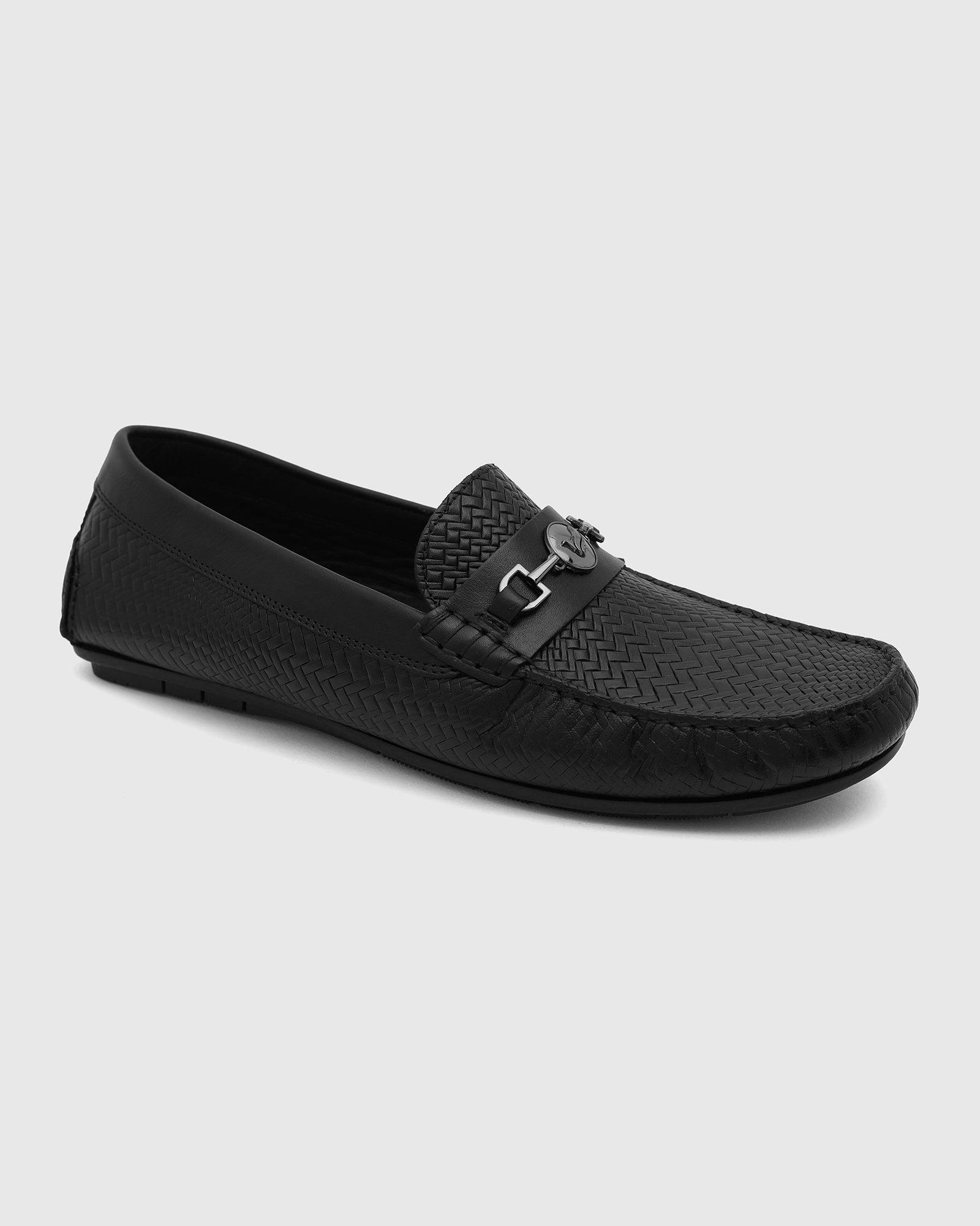 Leather Casual Black Textured Loafers Shoes - Thread