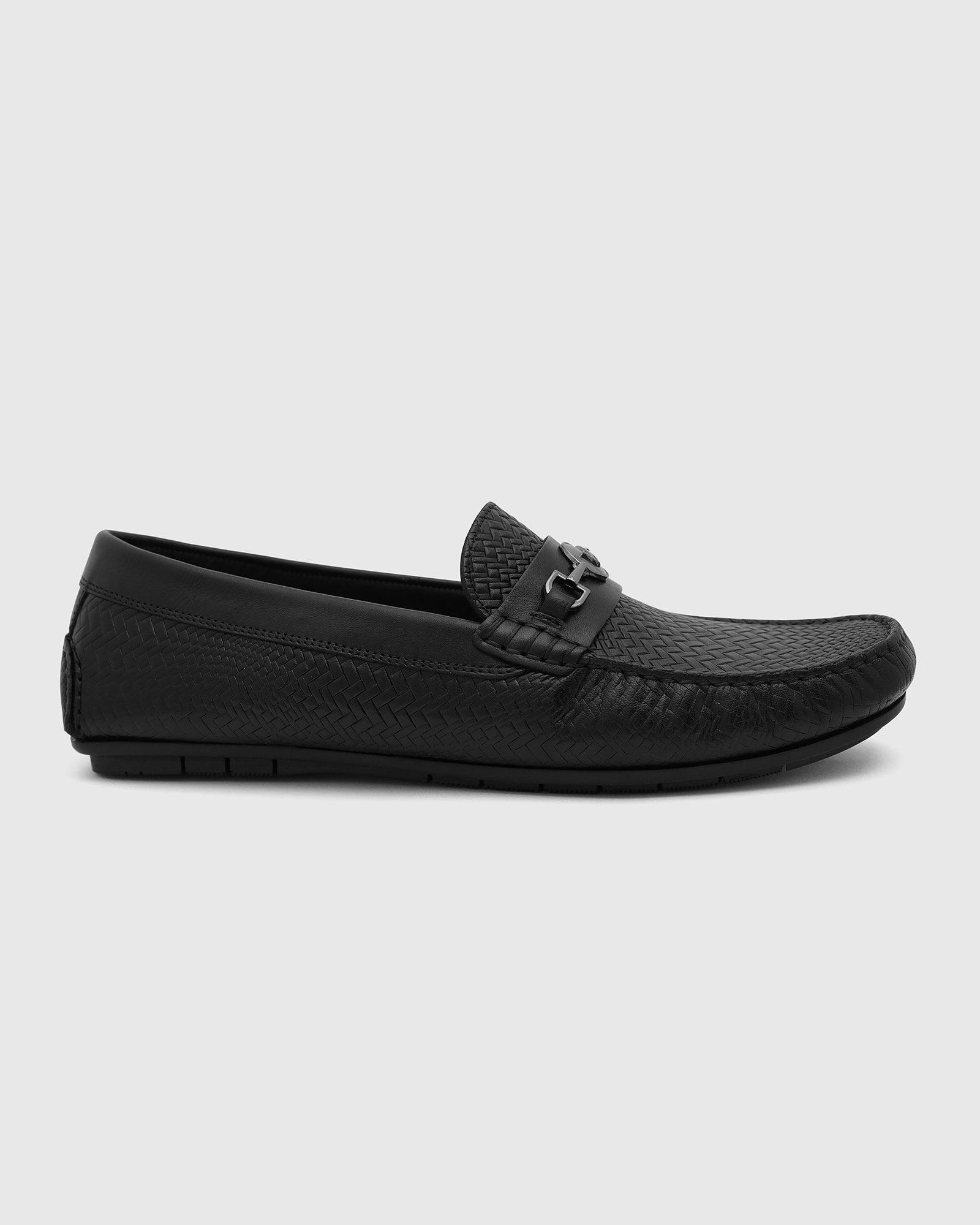 Leather Casual Black Textured Loafers Shoes - Thread