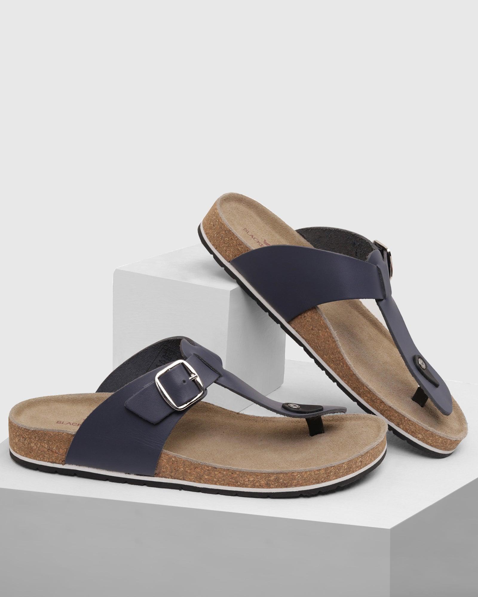 Leather Navy Solid Open Sandals - Sarmik