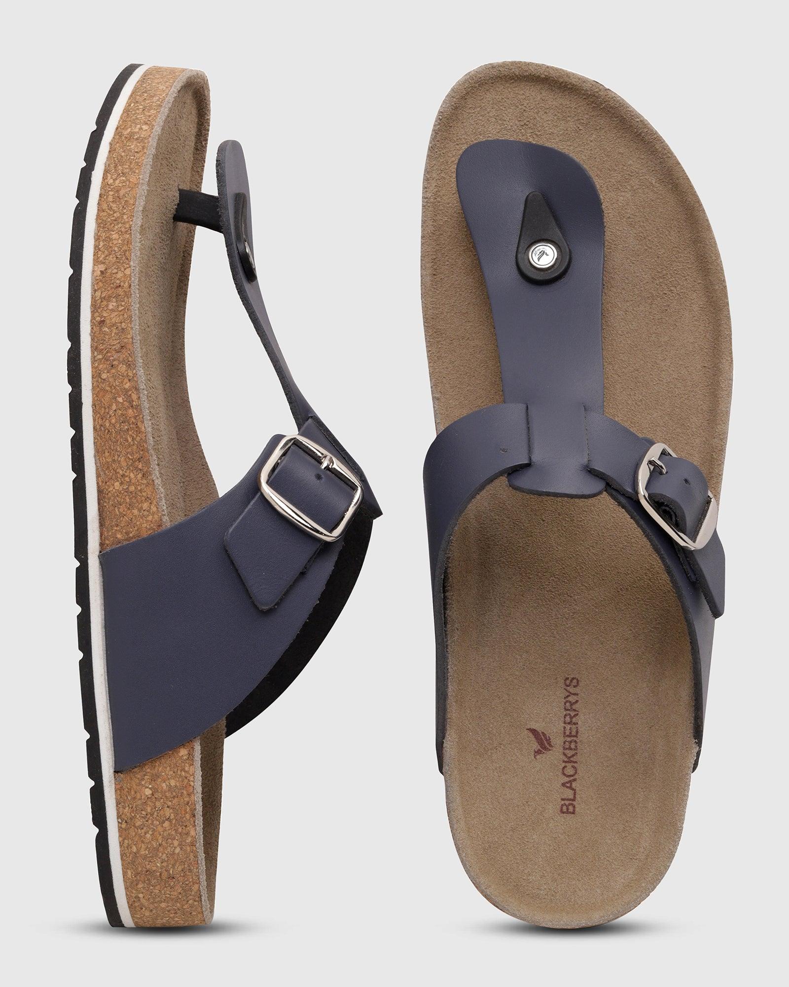 Leather Navy Solid Open Sandals - Sarmik