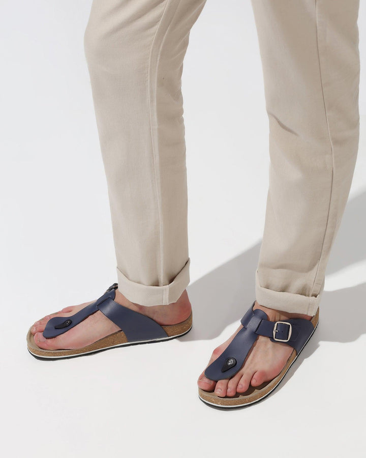 Leather Navy Solid Sandals - Sarmik