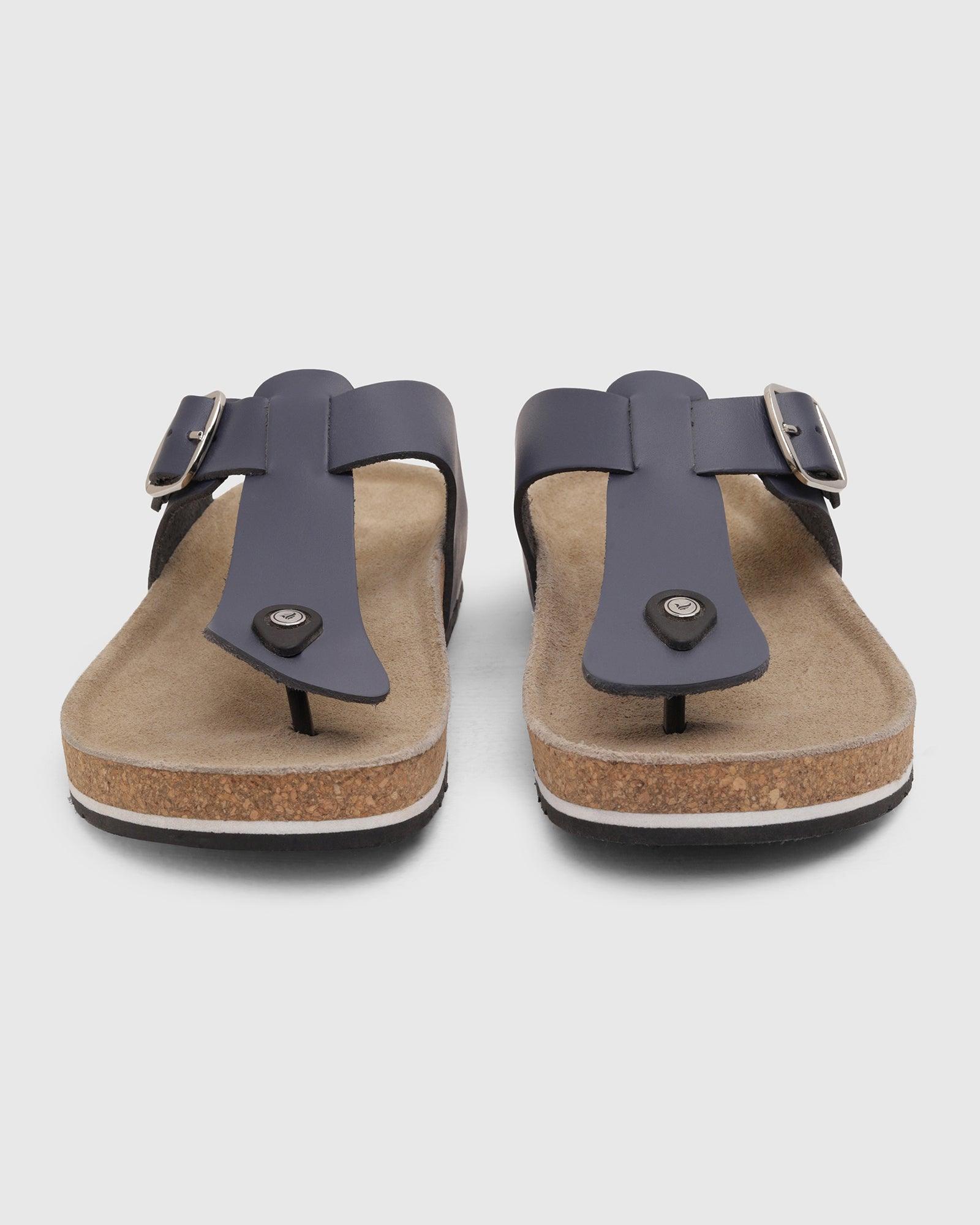 Leather Navy Solid Open Sandals - Sarmik