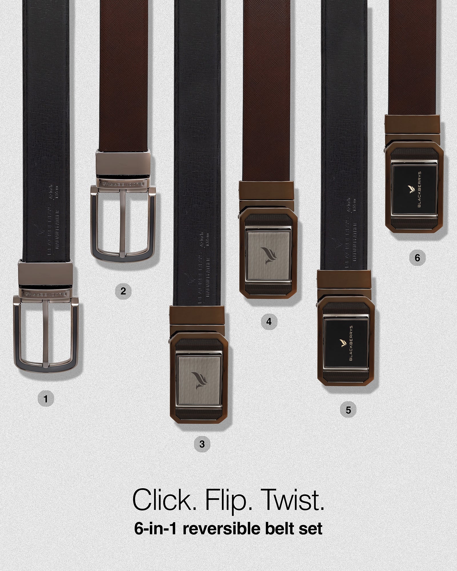 6-in-1 Reversible Leather Black & Brown Belt Gift Set - Averno