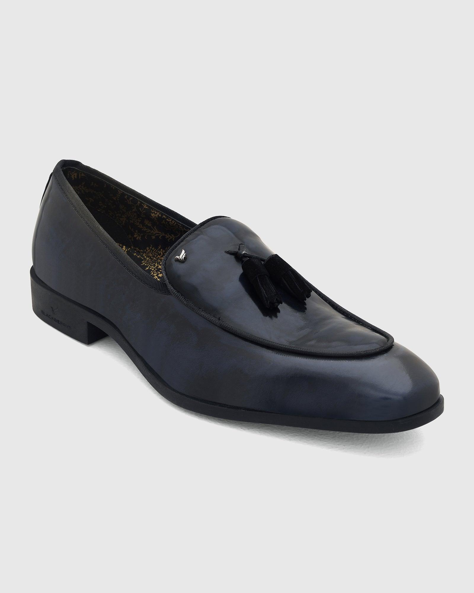 Leather Deep Navy Solid Slip On Shoes Rubber